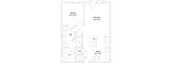 a floor plan of a living room with a bedroom and a kitchen
