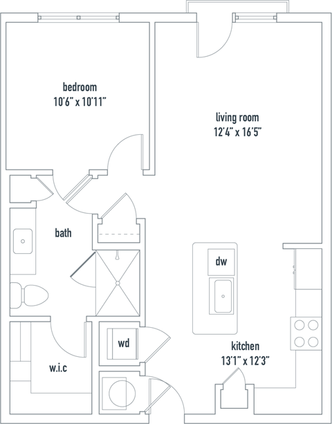a floor plan of a living room with a bedroom and a kitchen