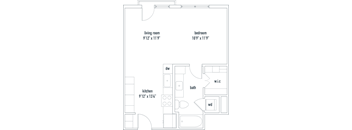 a floor plan of a studio apartment with a bedroom and a living room
