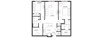 A floor plan of a house with two bedrooms, an office, a kitchen, a foyer, and a walk-in closet.
