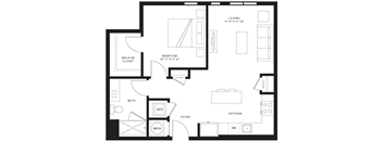 A black and white image of a floor plan for a home with a living room, bedroom, bathroom, kitchen, and foyer.