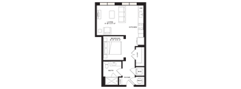 A floor plan of a house with a living room, kitchen, bedroom, bathroom, and foyer.
