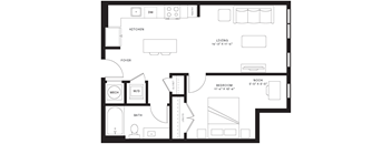 A black and white floor plan of a small apartment with a living room, kitchen, bathroom, and bedrooms.