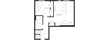 A black and white floor plan of a house with a bedroom, living/dining area, kitchen, and foyer.