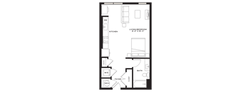A floor plan of a small apartment with a living/bedroom area, kitchen, bathroom, and a foyer.