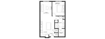 A black and white floor plan of a small apartment with a living room, kitchen, bathroom, and bedroom.