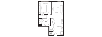 A floor plan of a small apartment with a bedroom, living room, kitchen, and bathroom.