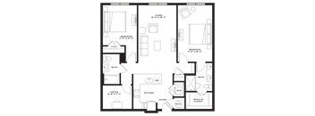 A floor plan of a house with two bedrooms, an office, a kitchen, and a walk-in closet.