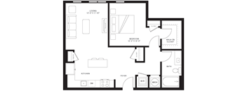 A black and white floor plan of a house with a living room, kitchen, dining room, bedroom, bathroom, and foyer.