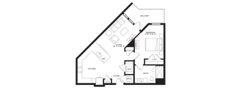 A floor plan of a house with a kitchen, living room, two bedrooms, a bathroom, a foyer, and a garage.