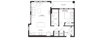 A floor plan of a house with a living room, kitchen, bathroom, and bedrooms.