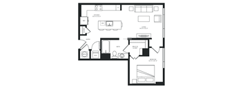 a floor plan of a residence with a bedroom and a living room