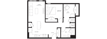 A black and white image of a floor plan for a small apartment.