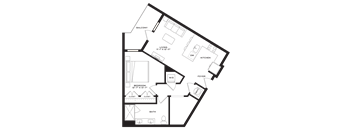 A floor plan of a house with a balcony, living room, kitchen, bathroom, and two bedrooms.
