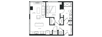 a floor plan of a residence with a bedroom and a living room