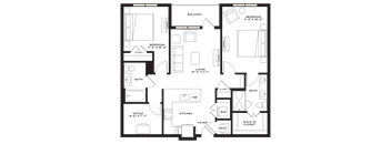 A floor plan of a house with two bedrooms, an office, a kitchen, a foyer, and a balcony.