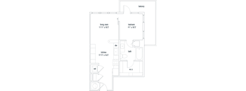 A floor plan of a small apartment with a living room, bedroom, kitchen, and bathroom.