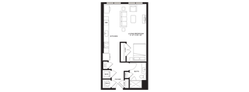 A floor plan of a small apartment with a living room, kitchen, bathroom, and a foyer.