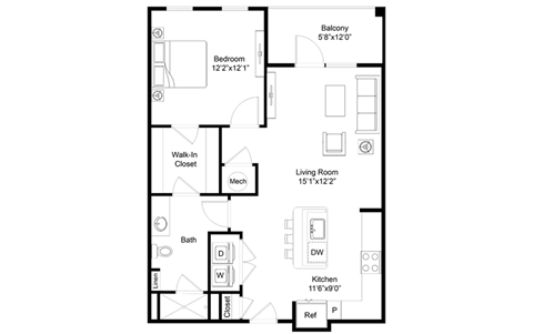 a floor plan of a 1 bedroom floor plan