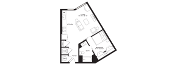 A floor plan of a house with a living room, kitchen, bath, and bedroom.