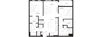 A black and white image of a floor plan for a two-bedroom apartment.