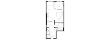 A floor plan of a living/dining room, kitchen, bathroom, and foyer.