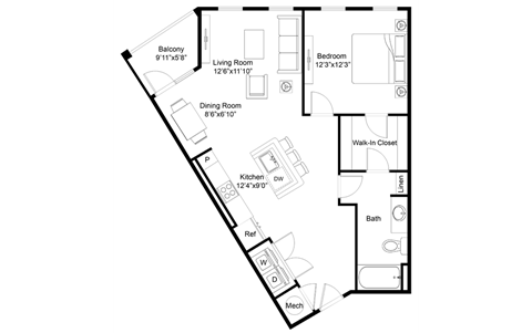 a floor plan of a 1 bedroom floor plan with a staircase