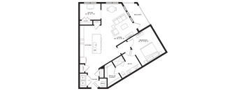 A floor plan of a house with a living room, dining room, kitchen, and bathroom.