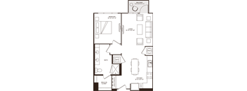 A floor plan of a room with a bed, bath, kitchen, and living area.
