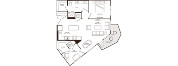 A floor plan of a house with a kitchen, living room, dining room, and two bedrooms.