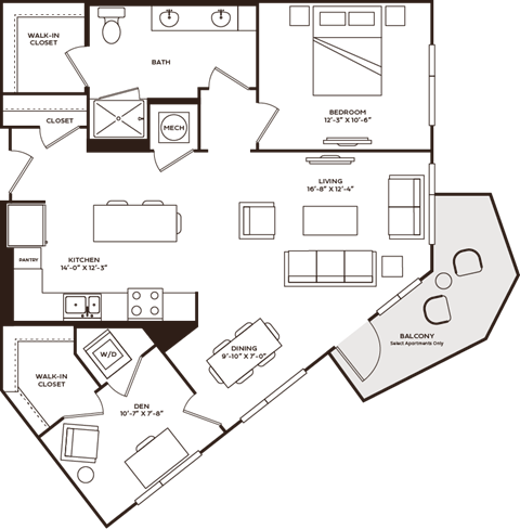A floor plan of a house with a kitchen, living room, dining room, and two bedrooms.