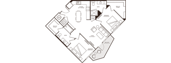 A floor plan of a house with labeled rooms such as Bedroom 1, Bath, Kitchen, and Living Room.