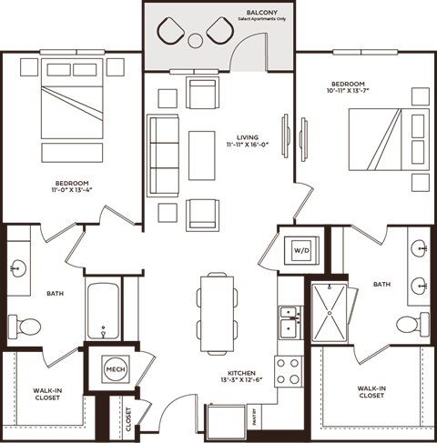 A floor plan of a house with two bedrooms, a living room, a kitchen, a bath, a walk-in closet, and a mech.