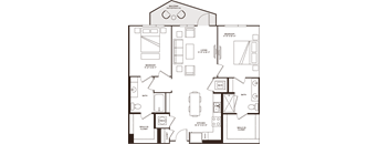 A floor plan of a house with two bedrooms, two bathrooms, a living room, a kitchen, a dining room, and a walk-in closet.