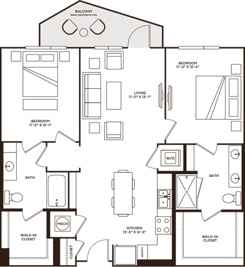 A floor plan of a house with two bedrooms, two bathrooms, a living room, a kitchen, a dining room, and a walk-in closet.