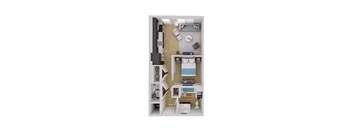A floor plan of a small apartment with a kitchen, living room, and bathroom.