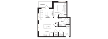 A black and white floor plan of a house with a balcony, living room, kitchen, dining room, bedroom, bathroom, and foyer.