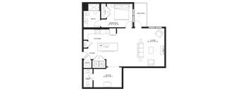 A floor plan of a house with a balcony, living room, kitchen, bathroom, bedroom, and office.