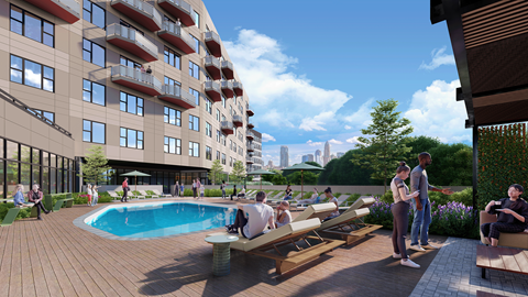 a rendering of a hotel pool with people standing around it