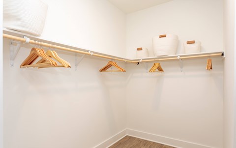 A white closet with wooden hangers and shelves.