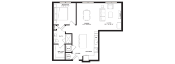 A floor plan of a house with a living room, dining room, kitchen, and bathroom.