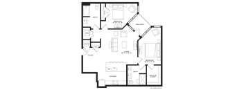 A floor plan of a house with a kitchen, living room, and two bedrooms.