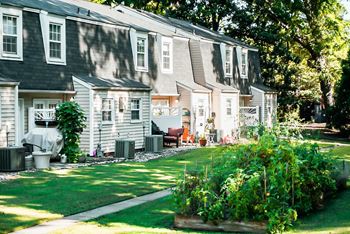 Townhome patios with community garden