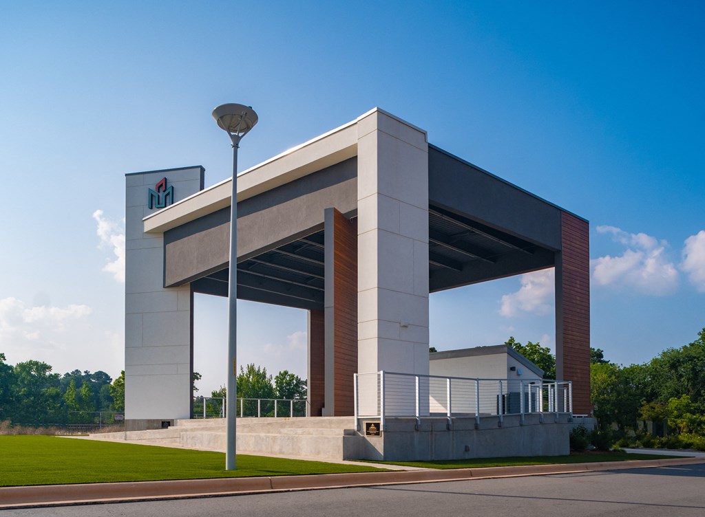 a large building with a sign on top of it