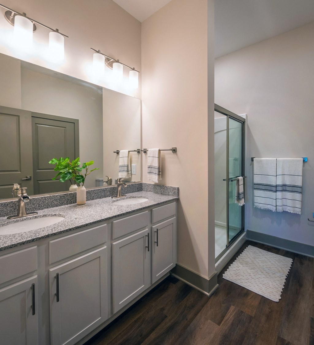 a bathroom with two sinks and a walk in shower