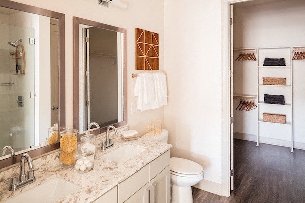 A bathroom with a toilet, sink, and mirror.
