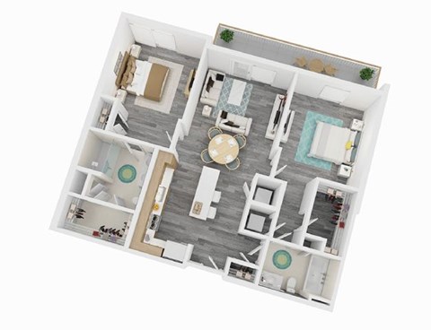A 3D floor plan of a house with a central courtyard and surrounding rooms.
