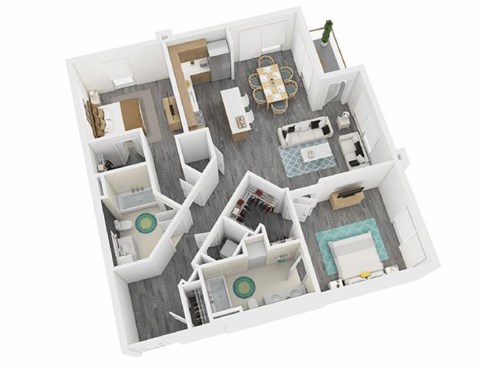 A top down view of a house interior with a dining table surrounded by chairs.