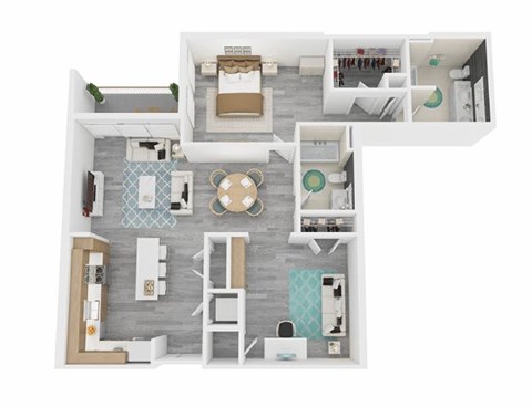 A floor plan of a house with a kitchen, living room, dining room, and bathroom.