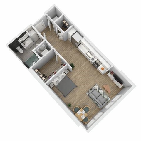 A top-down view of a small apartment with a kitchen, living room, and bathroom.